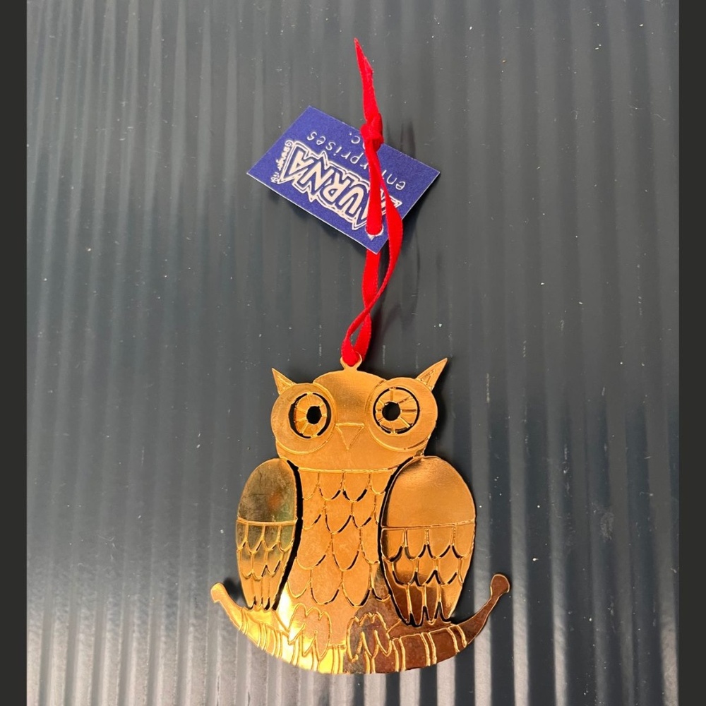 Artist Barbara Stanger Metal Owl Ornament Gold Tone over Brass 2.5 Inches Tall